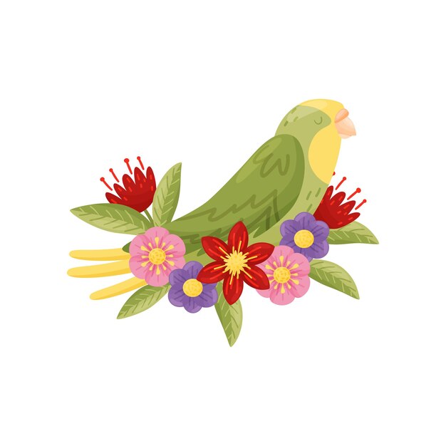 Vector green parrot with closed eyes sitting on branch exotic bird on white background flora and fauna concept vector flat illustration