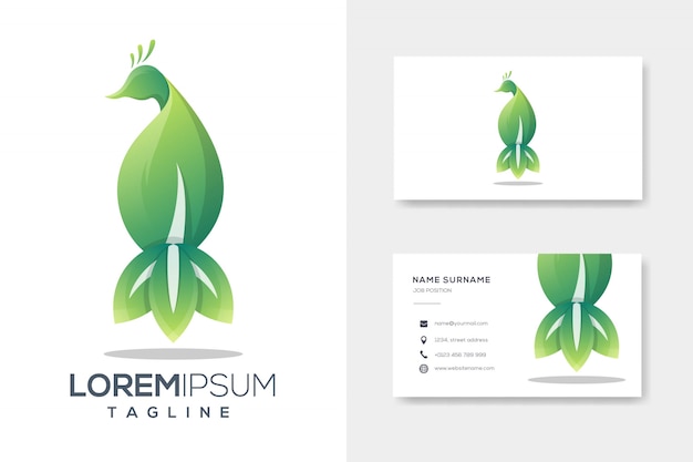 Green peacock leaf luxury logo template with business card