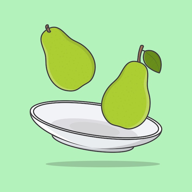 Green Pear On A Plate Cartoon Vector Illustration Pear Fruit Flat Icon Outline