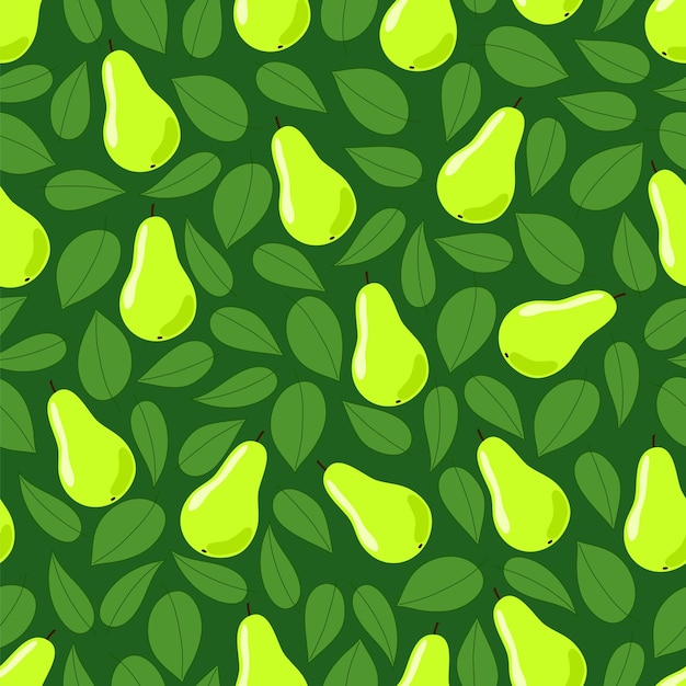 Green pears and leaves. Seamless pattern.