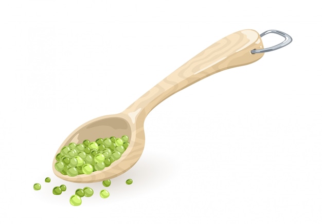 Green peas are in measuring wooden or plastic spoon, scoop, ladle, bailer with metallic d-ring hung.  cartoon illustration  on white for cookbook, recipes, market or shop labels.