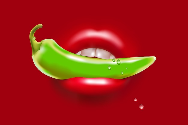 Green Pepper in the Woman Red Sexy Mouth and Water Drops