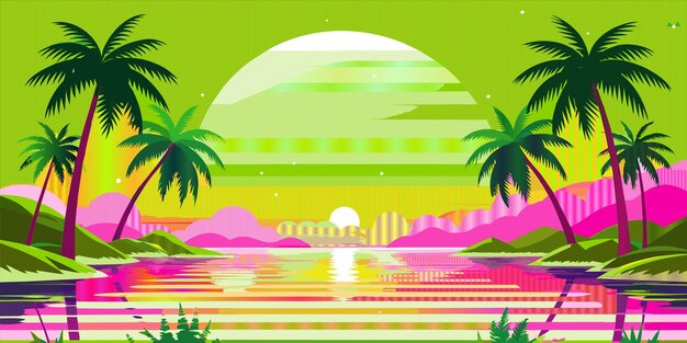 a green and pink beach scene with palm trees and a beach scene