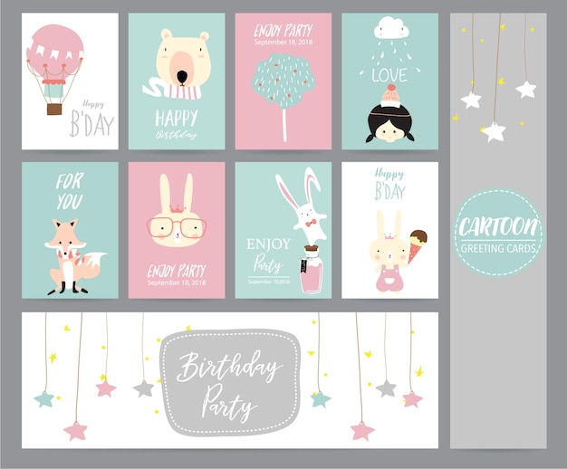 Green pink pastel greeting card with balloon, bear, tree, girl, fox, rabbit and star