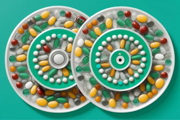 a green plate with a green and white plate with colorful pills on it