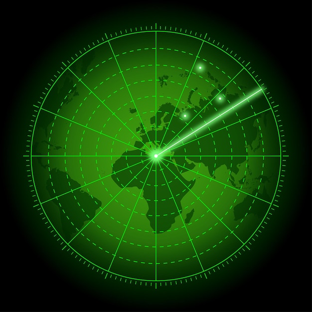 Green radar screen with world map Background of air search system with blip Vector illustration