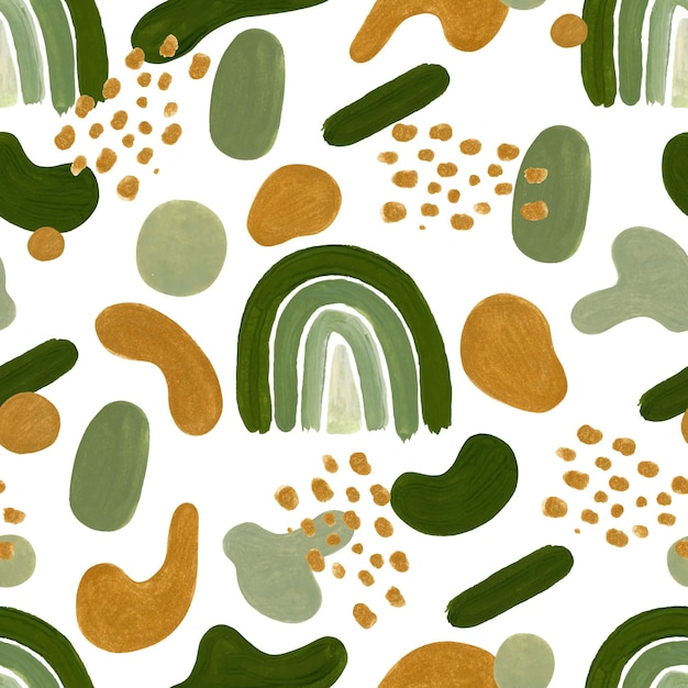 Green rainbow golden stains and abstract shaped gouache elements seamless pattern