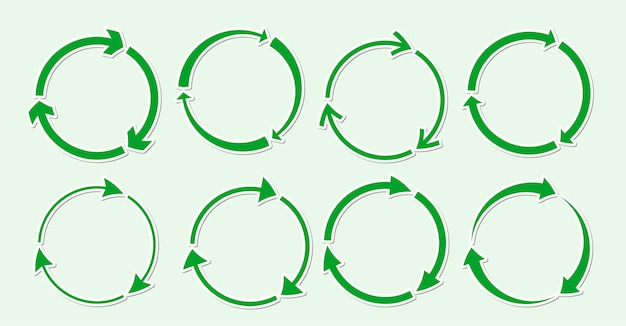 Green recycle round icon sticker set, flat symbol rotate arrow eco rotation using recycled resource