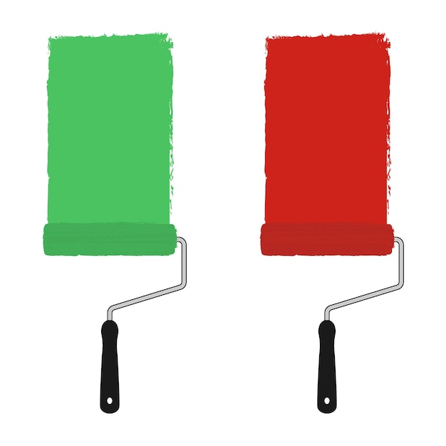 Vector green and red color paint roller with trace of paint. vector clip art illustration isolated on white