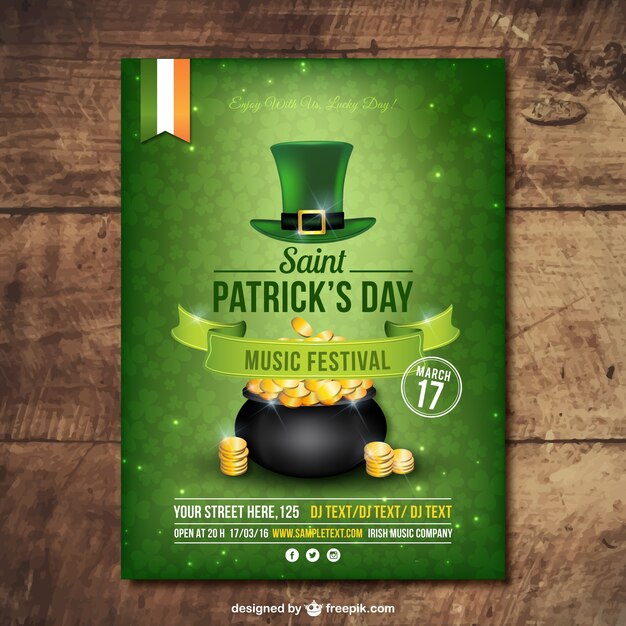 Vector green saint patrick's day flyer with hat and pot