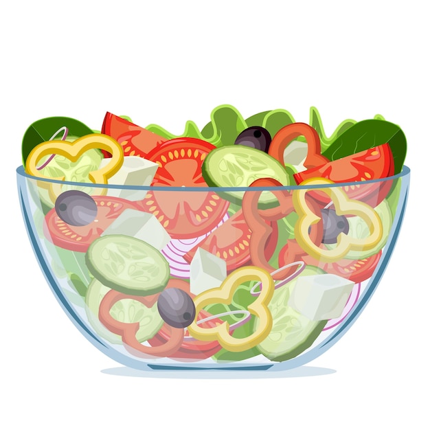 Green salad of fresh vegetables in a transparent salad bowl object isolated on a white background