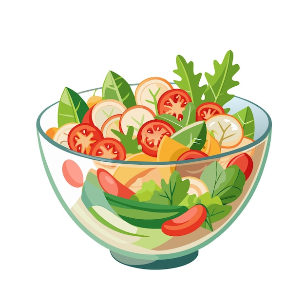 Green salad of fresh vegetables in transparent salad bowl on white background