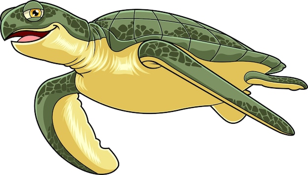 Green Sea Turtle Cartoon Character Is Swimming Vector Hand Drawn Illustration