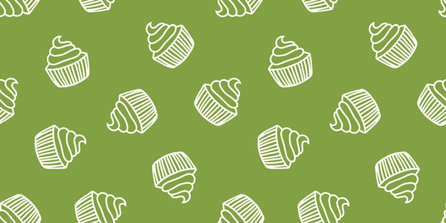 Green seamless banner with white outline cupcake. Seamless pattern wtih muffin.