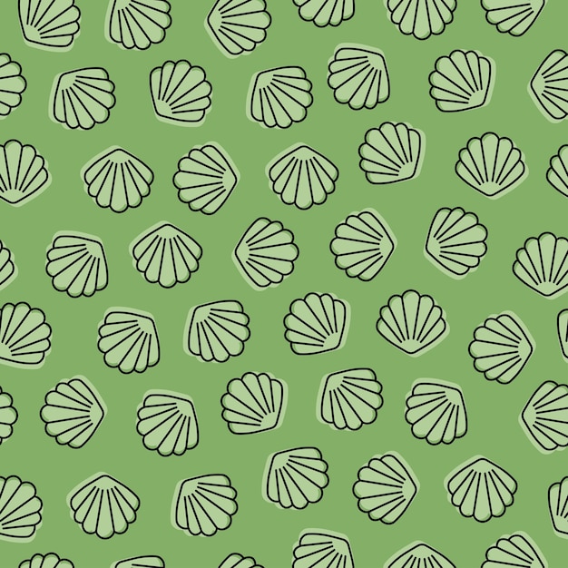 Green seamless pattern with seashell