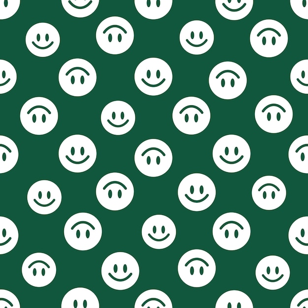 Green seamless pattern with white smiley faces.