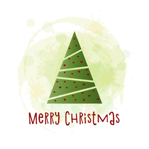 Green silhouette of a Christmas tree with golden snow and red stars on a watercolor background. Merry Christmas and Happy New Year 2022. Vector illustration.