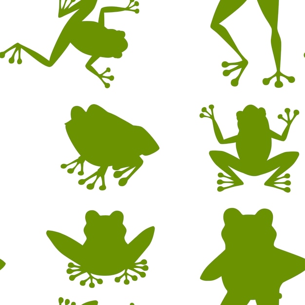 Green silhouette seamless pattern of cute smiling green frog sitting on ground cartoon animal design flat vector illustration on white background.