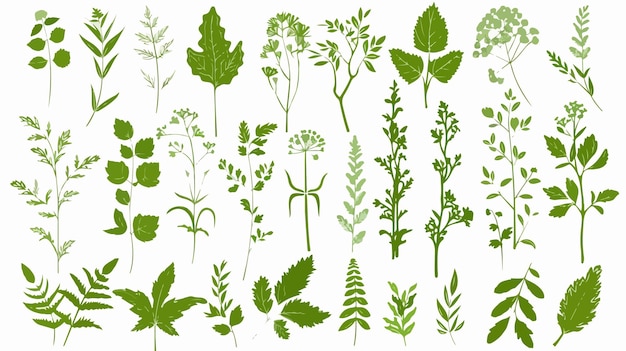 Vector green silhouettes of leaves herbs and twigs on white background