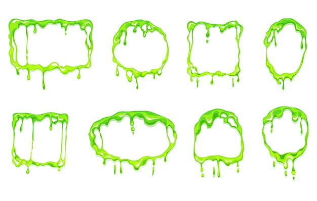 Green slime goo flows frames with different shapes mucus fluid cartoon style concept