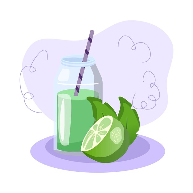 Vector green smoothie in bottle with straw resting on purple