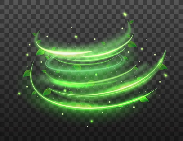 Green spiral spring wind effect with green star and leaves on transparent background