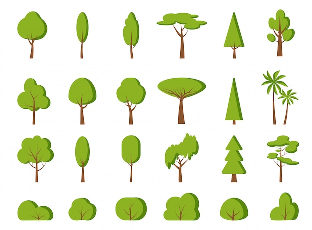 Green spring tree, bush flat cartoon set.