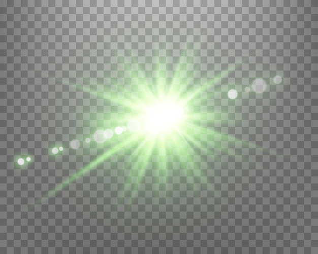 Green sunlight lens flare sun flash with rays and spotlight Glowing burst explosion on a transparent background Vector illustration