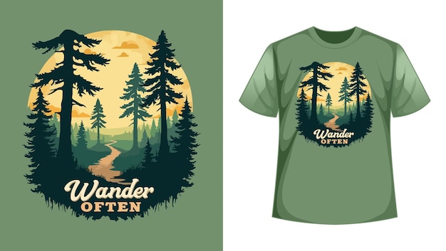 a green t shirt with a forest landscape on it