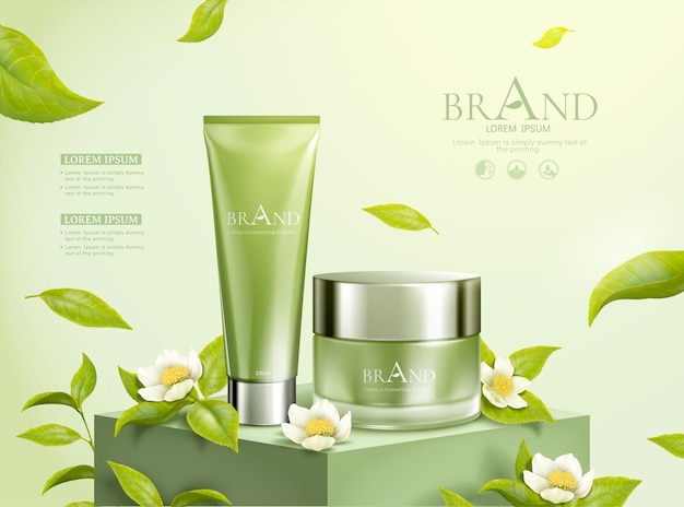 Green tea cosmetic ads with leaves flying in the air, 3d illustration