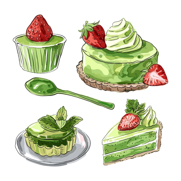 Green Tea Desserts with Strawberries and Cream