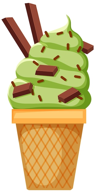 Green tea ice cream cone with chocolate toppings