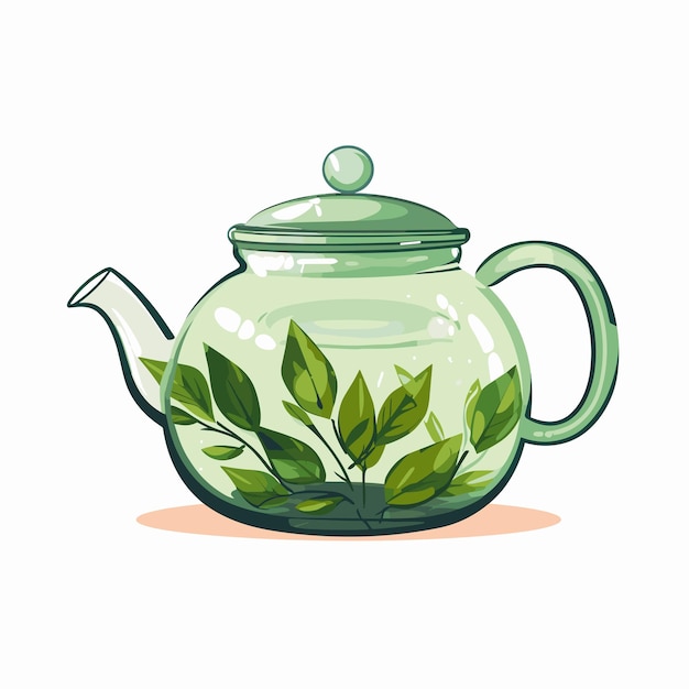 Green tea leaves tea kettle cup glass vector illustration icon sign template