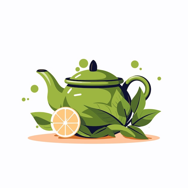 Vector green tea leaves tea kettle cup glass vector illustration icon sign template