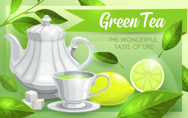 Green tea, lime and leaves, tea pot and cup