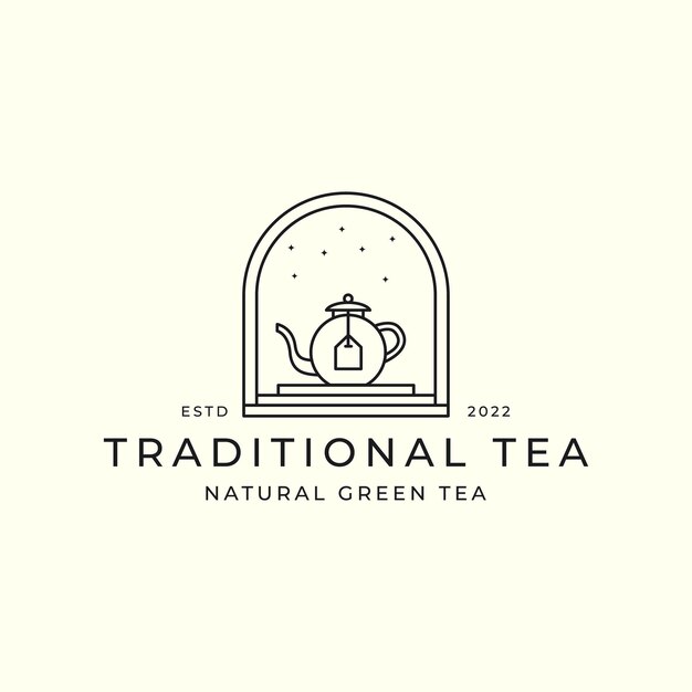 Green tea line art with emblem style logo vector template illustration design tea and teapot icon concept