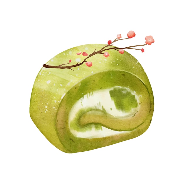 Green tea Swiss Roll cake watercolor vector design