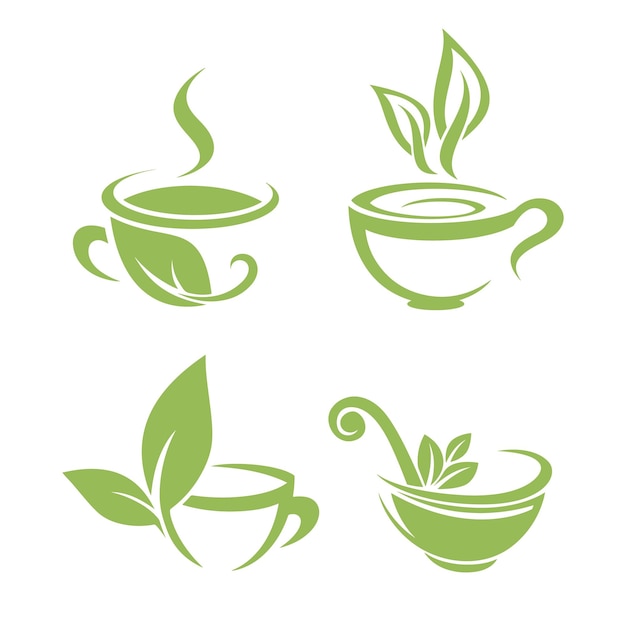 Green tea vector symbols set. Isolated cup of tea with leaves concept.