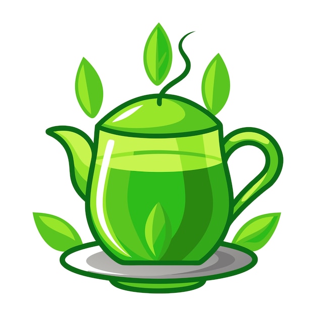 A green teapot with a plant on it and a white background