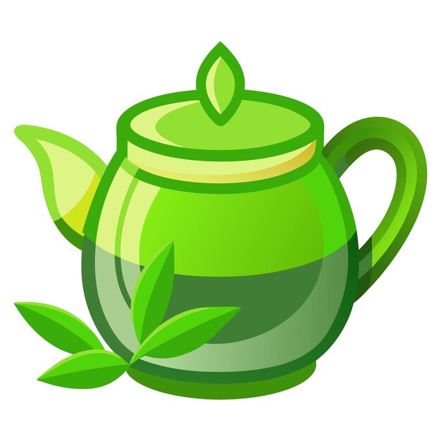 A green teapot with a plant on it and a white background