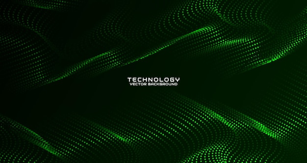 Green technology abstract background on dark space with waving dots particle style effect