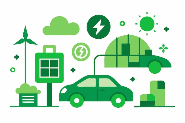 Green Technology Electric Cars and Solar Energy Vector Illustration Design