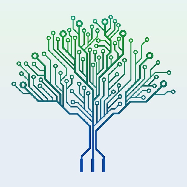 Green technology tree stylized as an electronic circuit. Digital tech tree logo.