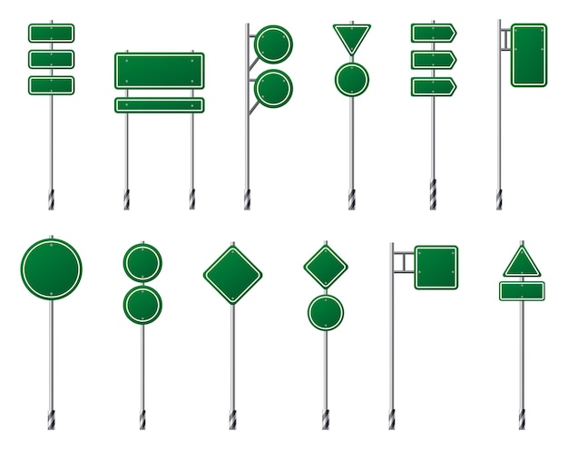 Green traffic signs set Road board text panel mockup signage direction highway city signpost location street way Isolated information sign Blank board with place for text Vector illustration