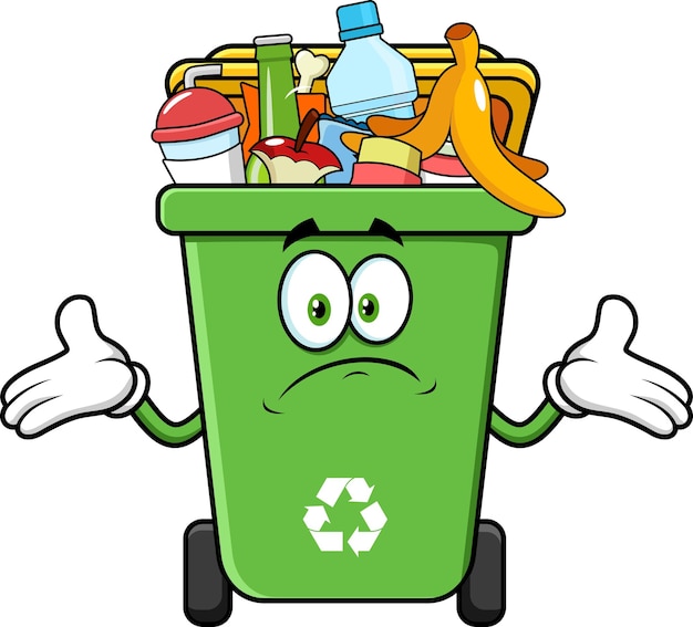 Green Trash Bin Cartoon Character Full With Garbage And Open Arms