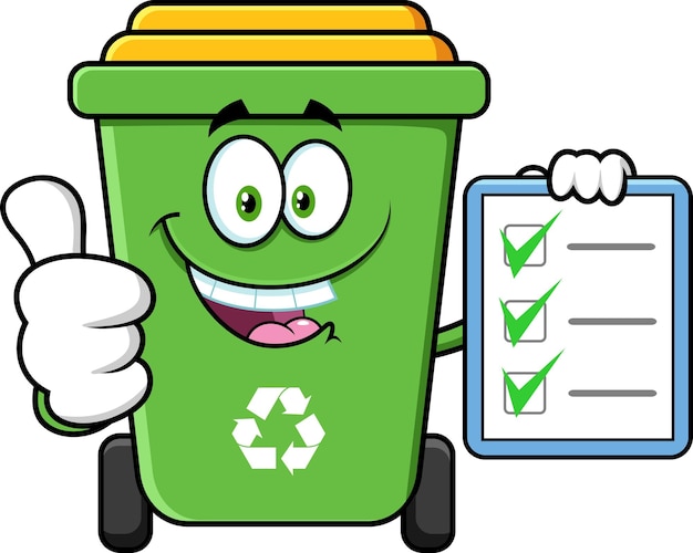 Vector green trash bin cartoon character giving the thumbs up and holding a clipboard