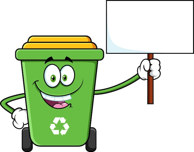 Vector green trash bin cartoon character holding up a blank sign