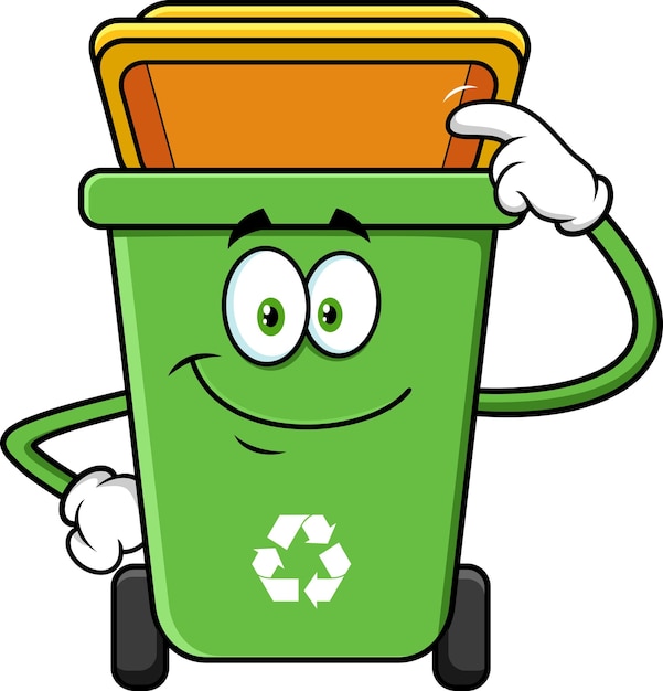 Green Trash Bin Cartoon Character Pointing To A Open Lid