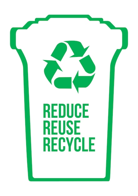 Green trash can with Reduce Reuse Recycle text and logo minimalistic flat style