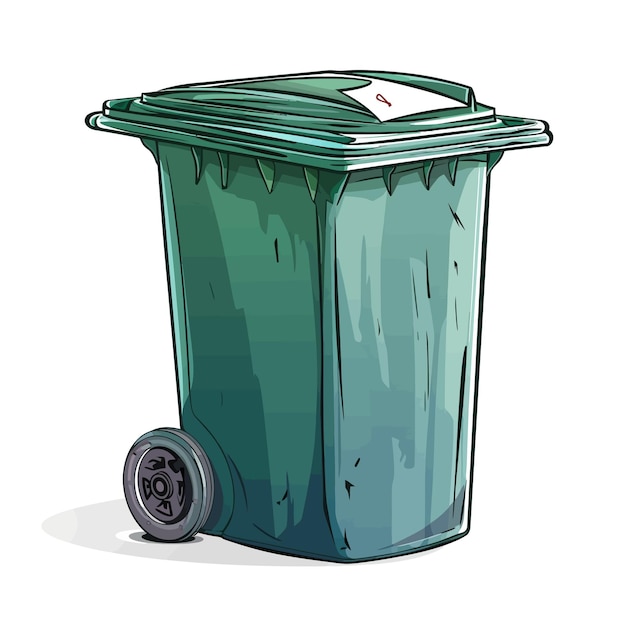 a green trash can with a white label on it